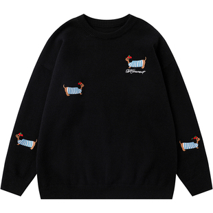 American Style Trendy Brand Dachshund Embroidered Crewneck Sweater for Men and Women Autumn and Winter Loose All-match Sweater