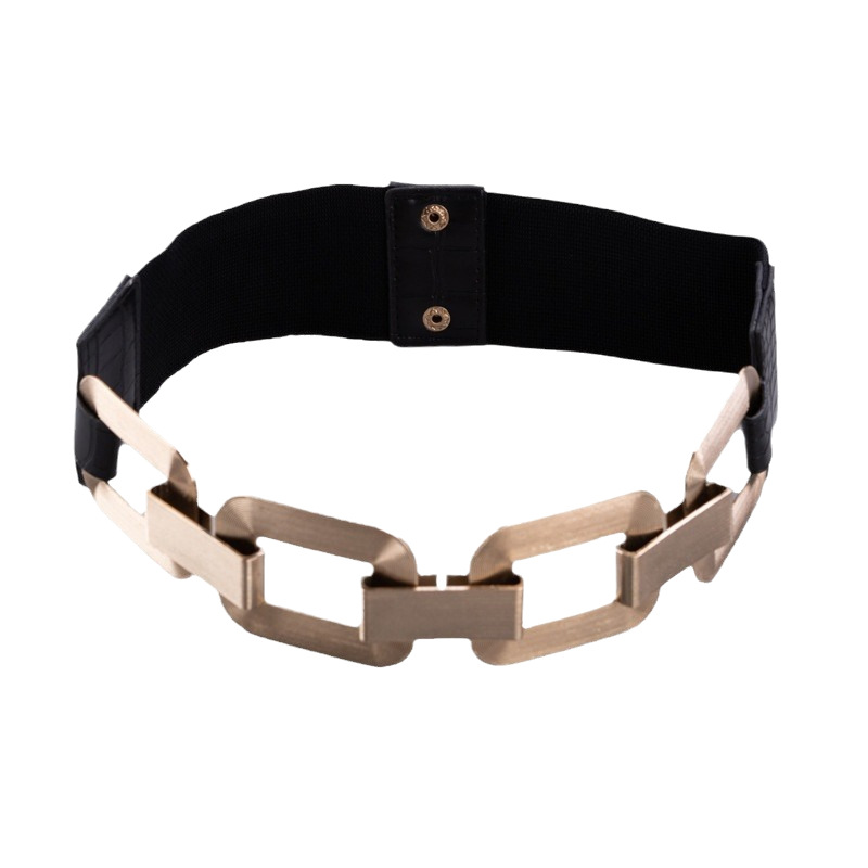 Cinturón de cadena metálica para mujer con botones y elástico, ideal para vestidos y trajes con look de alta calidad, mayorista