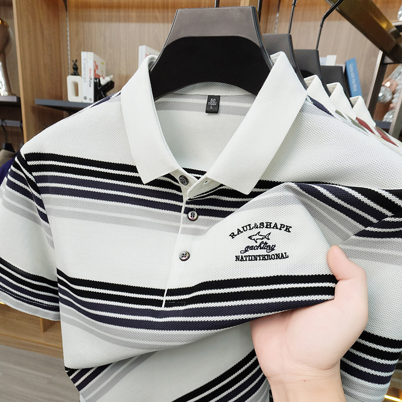 Summer 100% cotton striped polo shirt, short-sleeved t-shirt for men, turn-down collar, lightweight casual versatile polo shirt Summer 100% cotton striped polo shirt, short-sleeved t-shirt for men, turn-down collar, lightweight casual versatile polo shirt