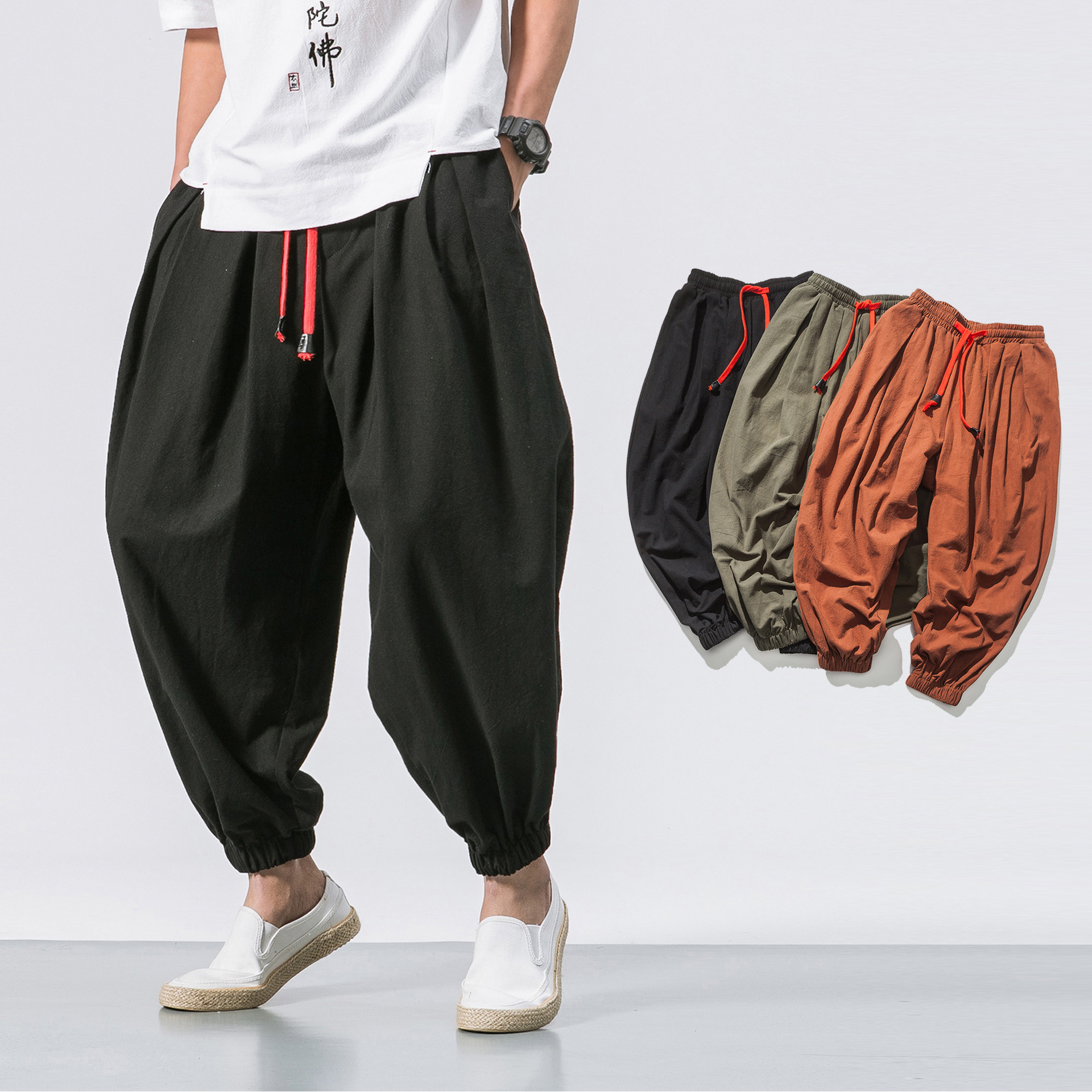 Chinese Style Japanese Style Linen Casual Pants Men's Cropped Loose Wide Leg Foot Fat plus size Daoist Pants