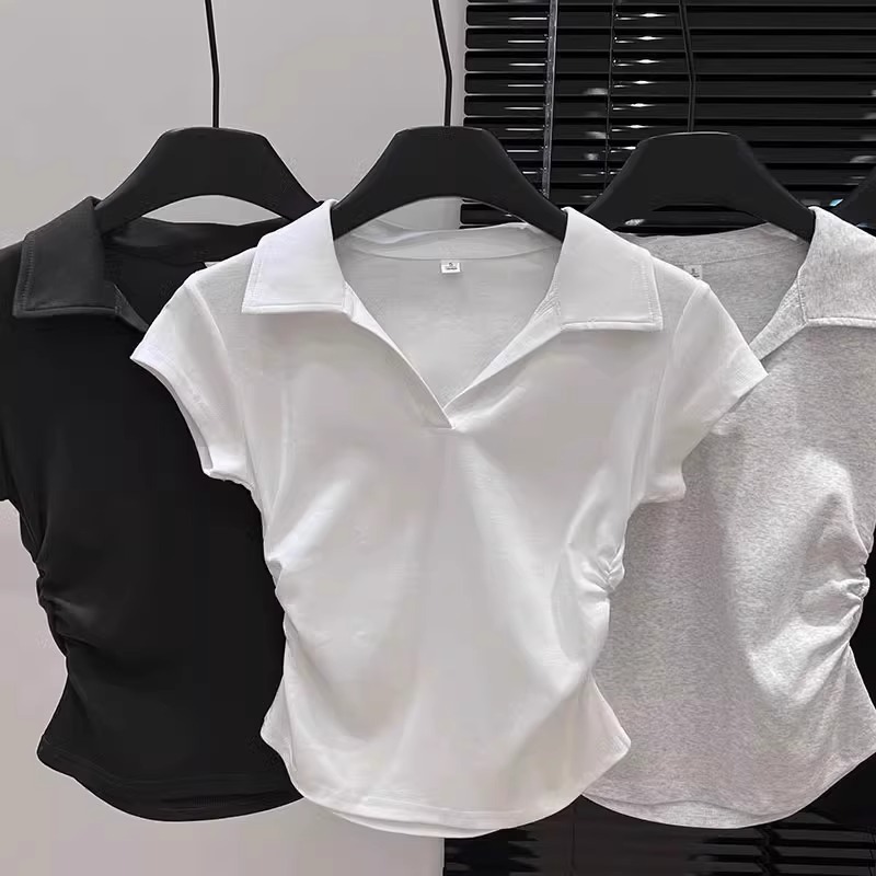 Women's Clothing Slim Fit Polo Collar Top Short Sleeve Ruched V Neck Grey T-Shirt Stylish Fitted Hot Girl Look Summer_voghion.com