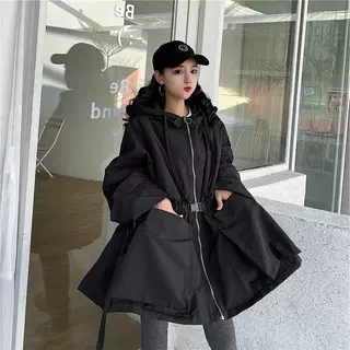 实价~韩版宽松棉服蝙蝠袖连帽风衣收腰中长款工装外套裙女