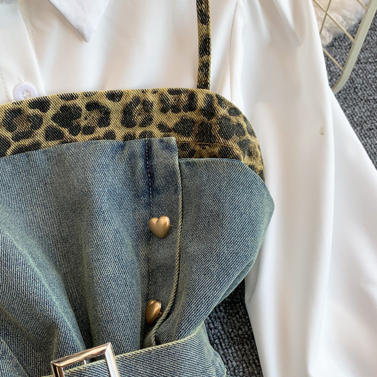 Women's Denim Leopard Print Slimming Shirt Dress Lace Up Design Suspender Top Elegant Fashion Unique Edgy Chic Sophisticated Clothing_ecoleips.com