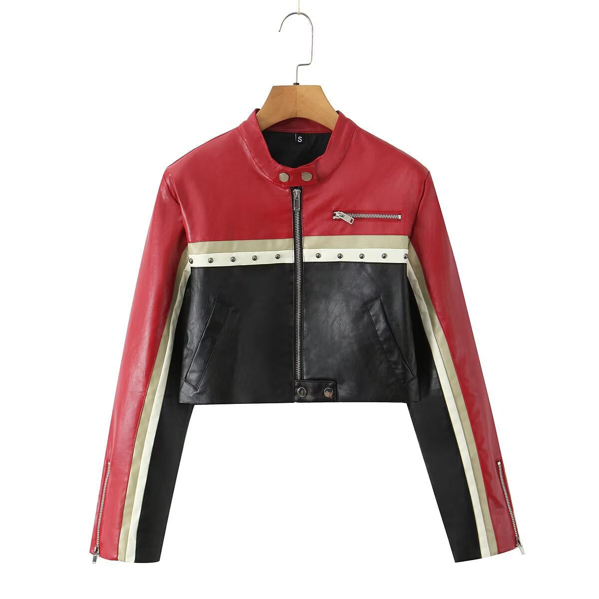 Cross-Border European and American 2025 Fashion New Stand-Up Collar Splicing Pu Leather Waist-Revealing Short Women's Sexy Motorcycle Leather Jacket
