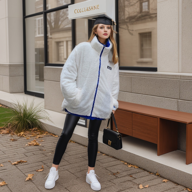 Women's cotton-padded jacket short front and back stand collar plus cashmere lamb wool warm coat._voghion.com