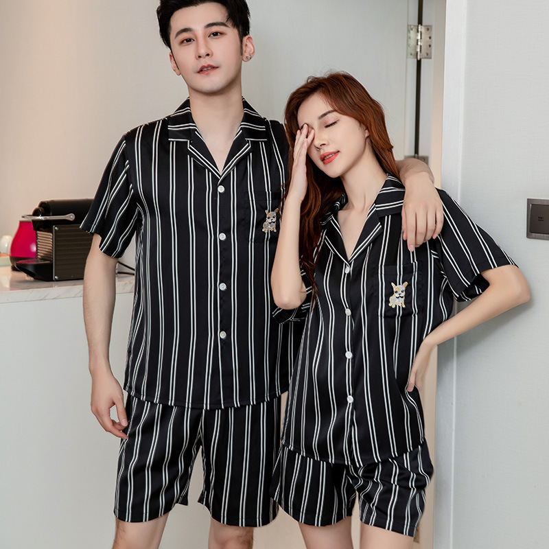 Natural Couple Silk Lapel Pajamas, Elegant and Breathable Home Ice Silk Loungewear Set, Ins-Style Outfit