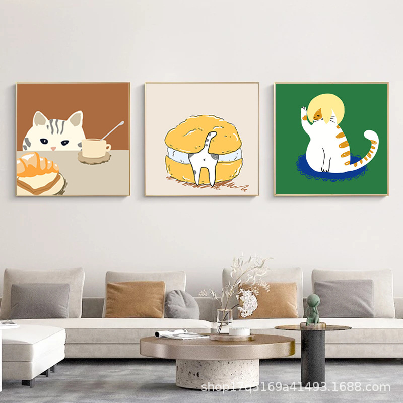 田园风可爱小猫咪装饰画法式ins风温馨卧室墙壁挂画卡通动物画