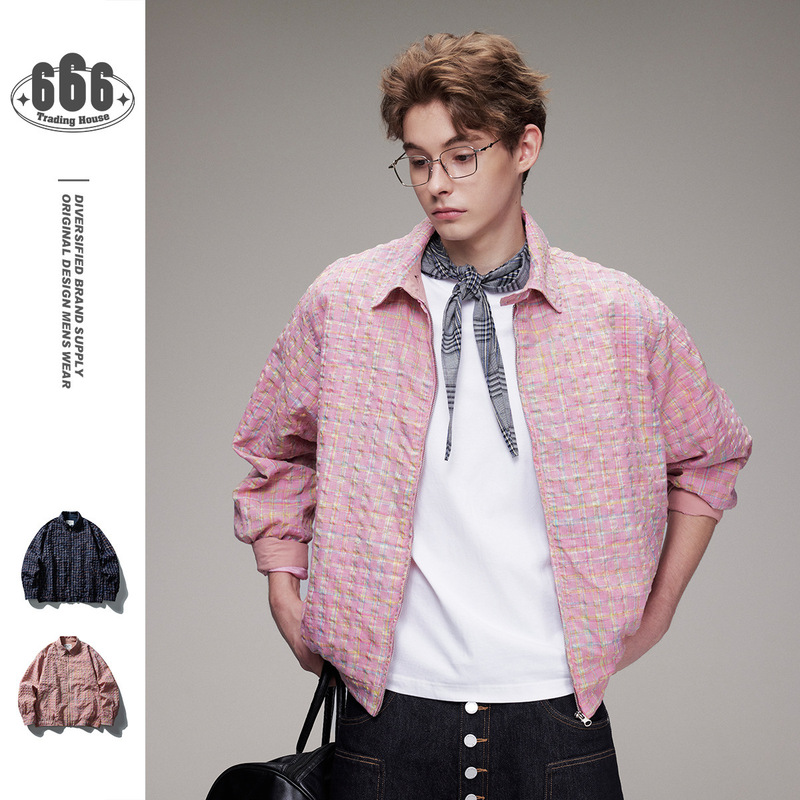 Davic Trendyy American Casual Lapel Work Jacket for Men and Women, Loose Plaid Seersucker Jacket for Couples Jk055