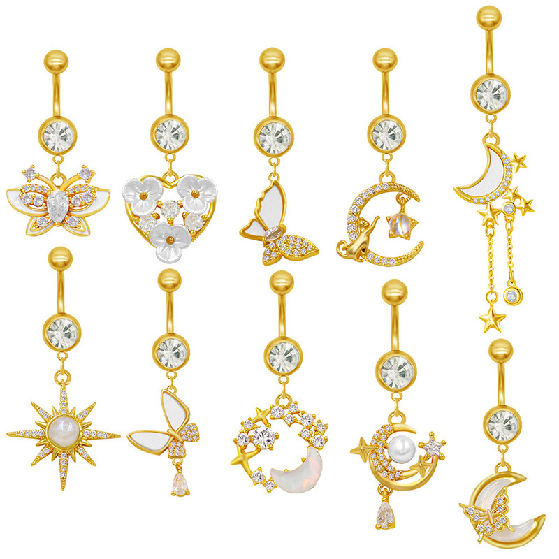 Piercing de nombril lune et papillon avec strass en forme cœur_voghion.com
