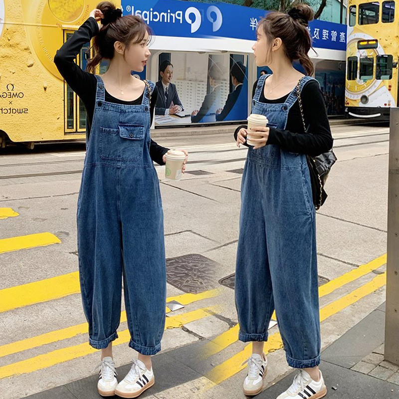 Maternity Denim Overalls for Spring and Autumn, Fashionable Loose Fit for Petite Moms, Trendy Carrot Pants, Cropped Pants for Autumn
