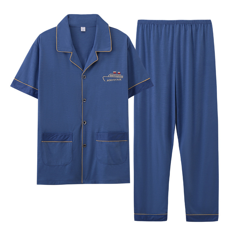 100% pijamas de algodón de manga larga de los hombres sueltos más tamaño aguja pequeño collar inverso joven y de mediana edad de primavera y otoño ropa de casa manga corta tejida