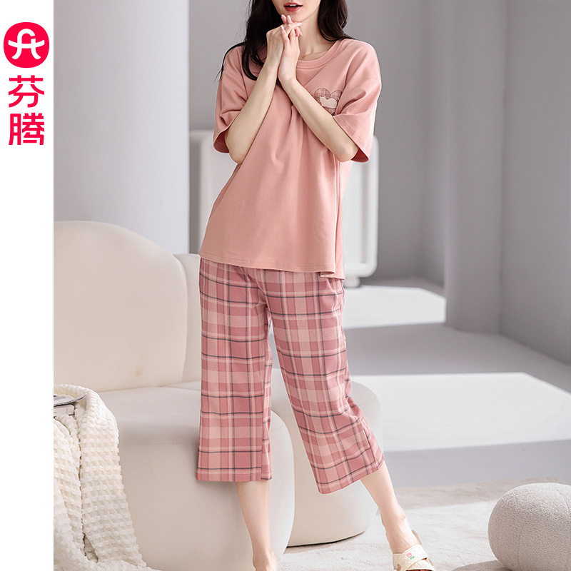 芬腾【全棉软感】睡衣女短袖夏季薄款透气套装宽松休闲大码家居服