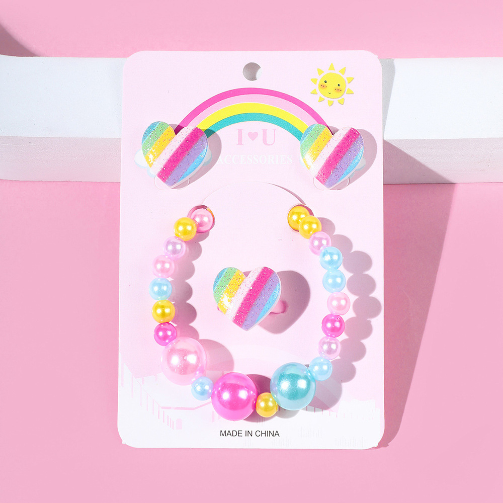 Rainbow Love Earring Ring Bracelet Acrylic Handmade Beaded Three-Piece set