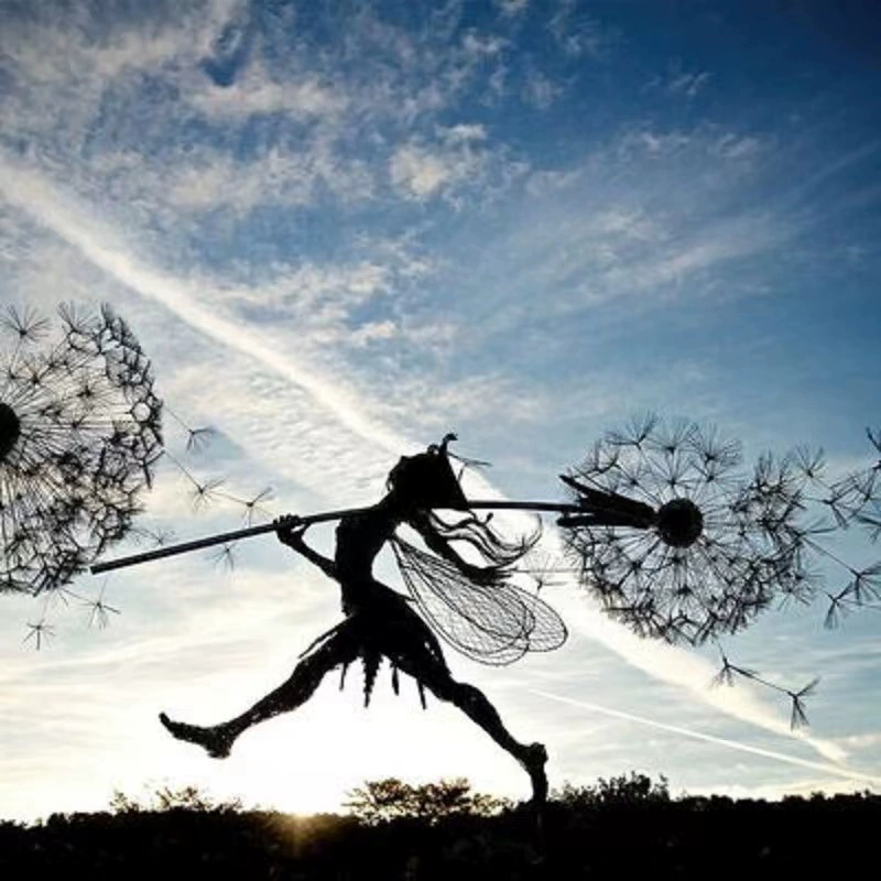 Amazon Cross-border Flower Fairy Elf and Dandelion Dance Robin White Elves Sculpture Metal Crafts