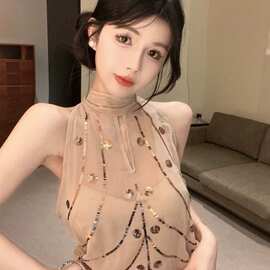 重工亮片网纱挂脖吊带背心女夏季泰式辣妹性感抹胸小上衣独特绝美