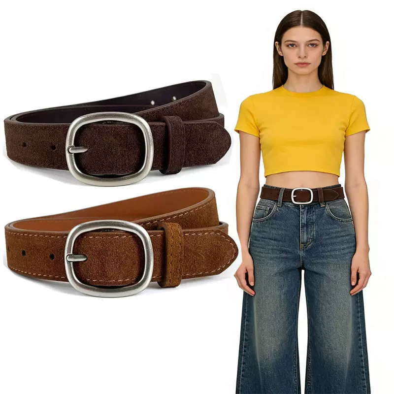 新款仿麂皮绒pu皮带女士复古百搭时尚棕色腰带美式反绒牛仔裤腰带