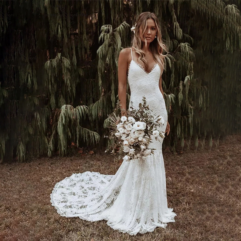 Amazon Cross-Border Wedding Dress Bestseller 2026 Lace Backless Bohemian Beach Sexy Party Dress with Train