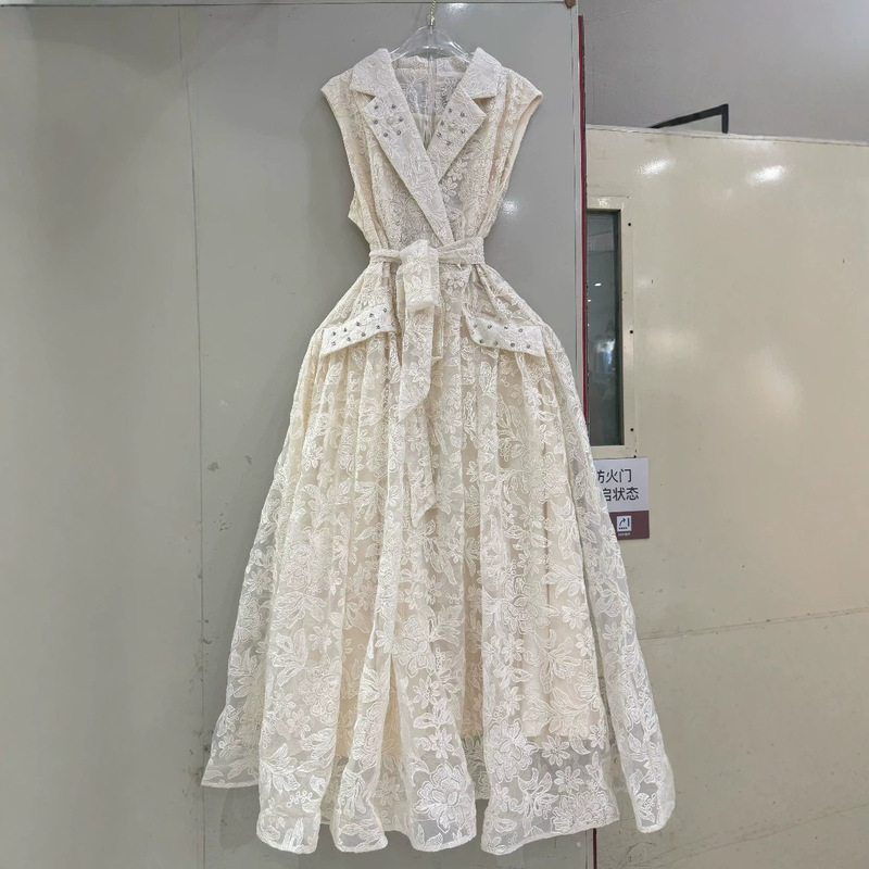 2026 Spring/Summer New Style Collared Rhinestone Vintage Embroidered Floral Tank Dress Mid-Length Dress with Belt Cross-Border