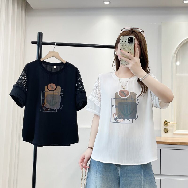 Plus-Size Women's Fashion 2026 Summer New Style Printed Lace Sleeve Chiffon Short-Sleeve T-Shirt Z47 2616