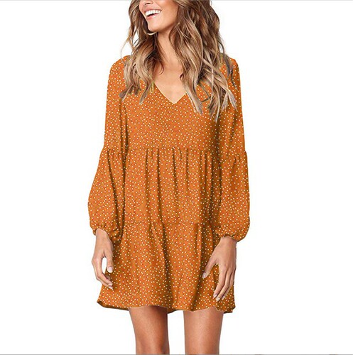 Cross-border European and American women's fashion V-neck long-sleeved polka-dot ruffled loose elegant dress, mid-length lantern skirt.