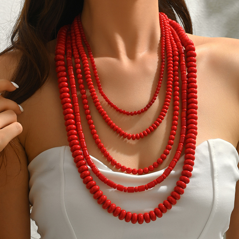 European and American Cross-Border Best-Selling Multi-Layered Bohemian Style Red Acrylic Beaded Necklace for Stylish and Fashionable Women