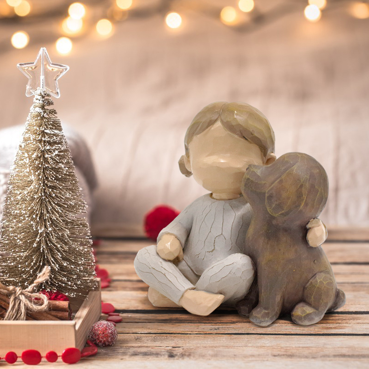 국경을 넘나드는 신제품 소녀와 강아지 피규어 장식품 홈 카빙 핸드 페인팅 인형 레진 크리스마스 장식 선물