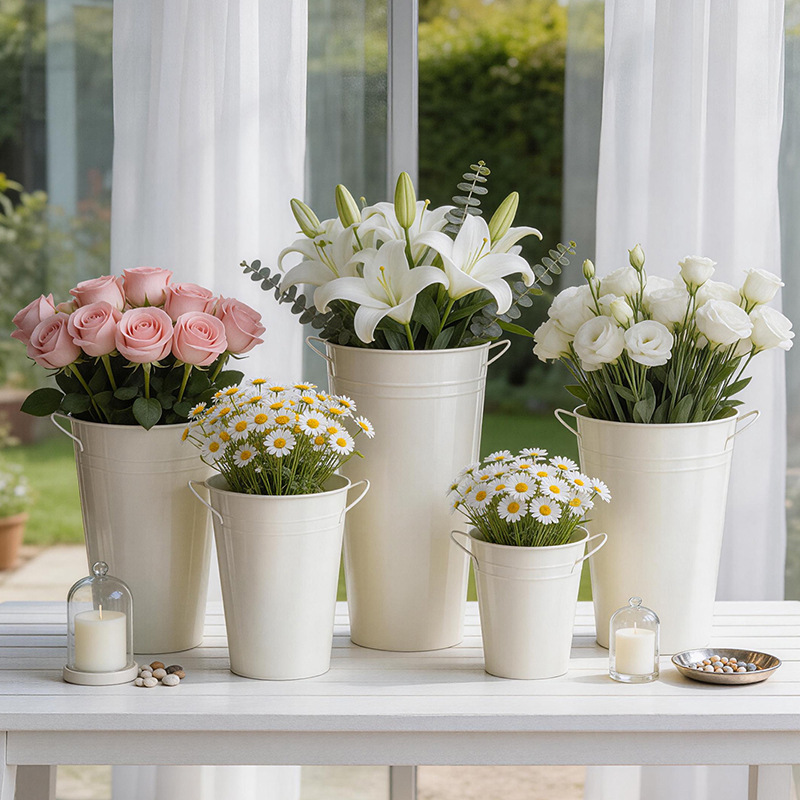 Cross-Border Wholesale Tin Flower Buckets, Flower Shop Dried Flower Arrangements, Flower Vessels, Home Decor Iron Art Double-Ear Flower Buckets
