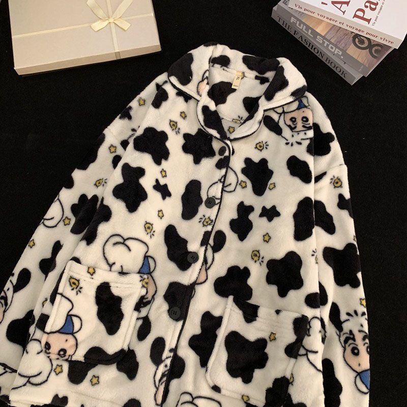 산호 벨벳 커플 잠옷 여성의 가을과 겨울 기모 두꺼운 청소년 남성 따뜻한 플란넬 홈 의류 세트