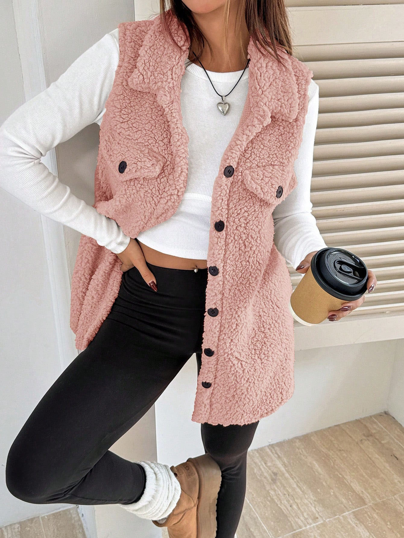 Chaleco de forro polar para mujer con solapa y botones casual_voghion.com