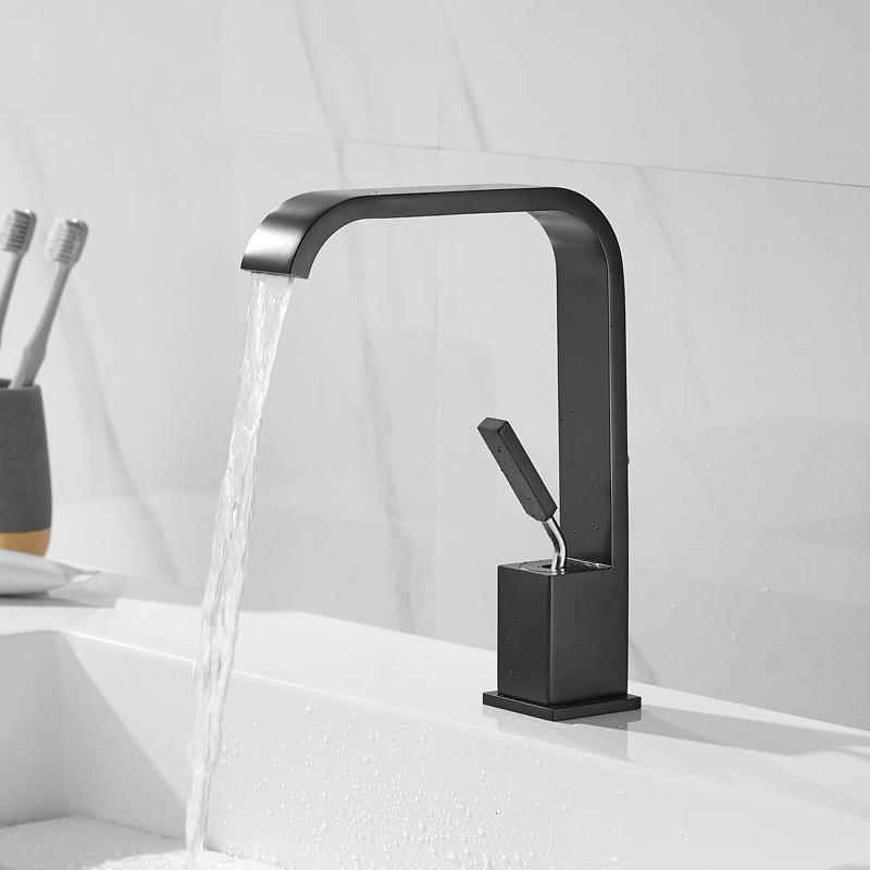 All-Copper Basin Faucet for Hot and Cold Water, Bathroom Sink, Under-Counter Basin, Waterfall Single-Hole Faucet, Curved Spout All-Copper Basin Faucet for Hot and Cold Water, Bathroom Sink, Under-Counter Basin, Waterfall Single-Hole Faucet, Curved Spout