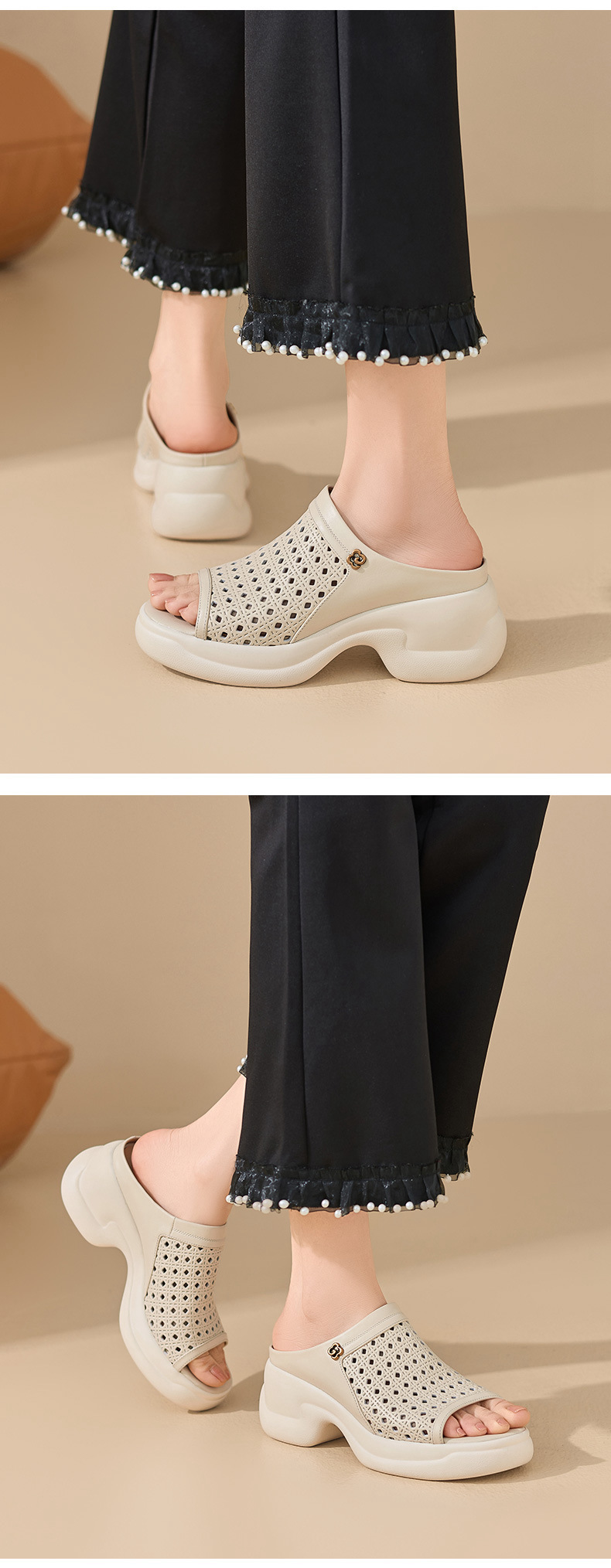 Dép sandal nữ da bò đục lỗ đế bánh xốp dày gót cao nhẹ — màu trắng ngà chi tiết 4
