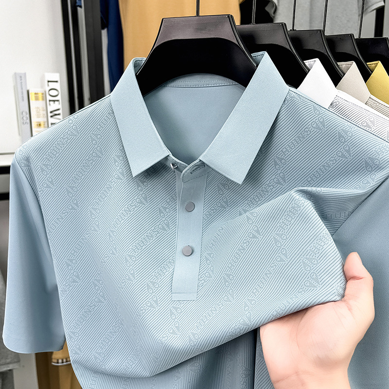 Summer New Style Seamless Printed Short-Sleeved Polo Shirt for Men, Business Casual Lapel Ice Silk Breathable Half-Sleeved T-Shirt