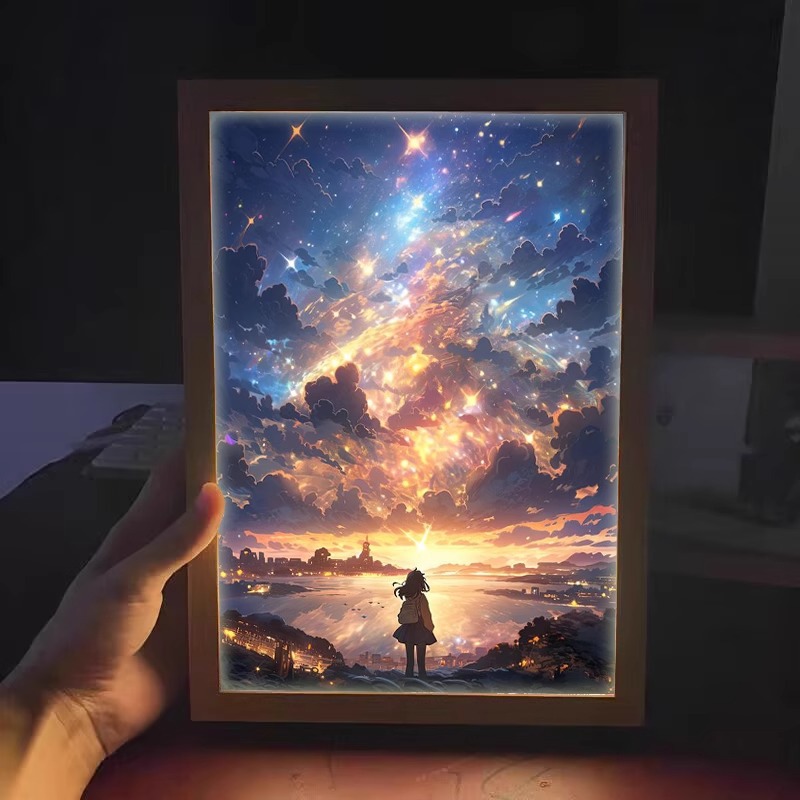 厂家批发仰望星空女孩系列灯光画抖音装饰画小夜灯创意相框摆台
