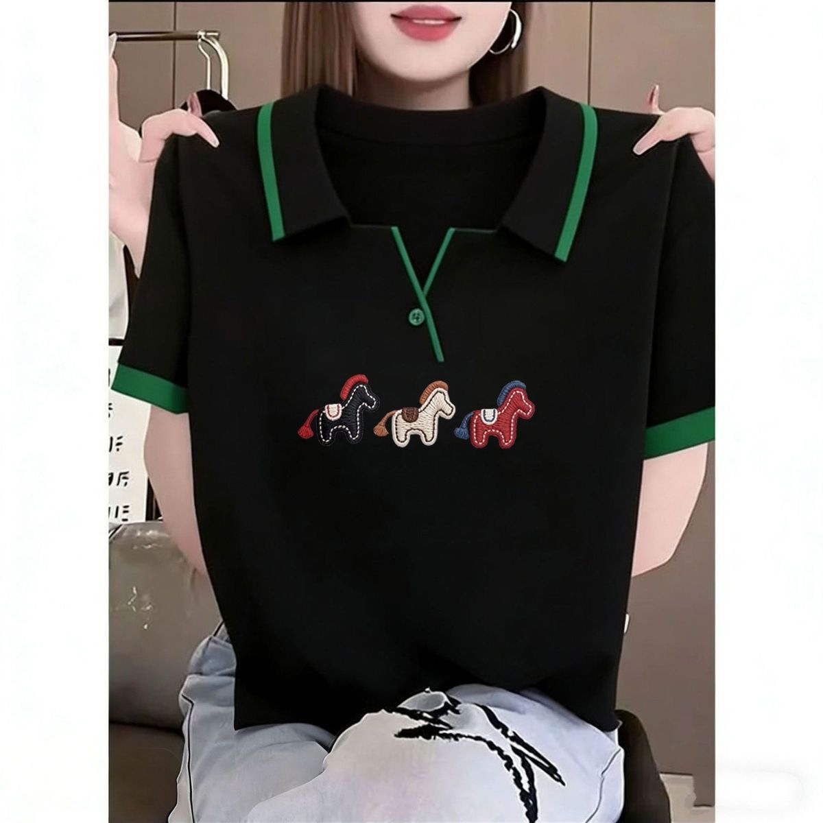 Women's short-sleeved T-shirt with color-blocked print, slimming top, new cross-border style, polo collar, Korean design, base layer.
