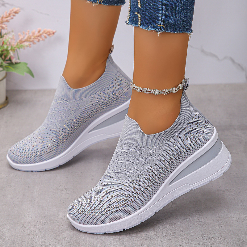 Amazon Foreign Trade Plus-Size Women's Shoes New Style Round-Toe Wedge Fashion Rhinestone Sports Casual Slip-On Shoes in Stock