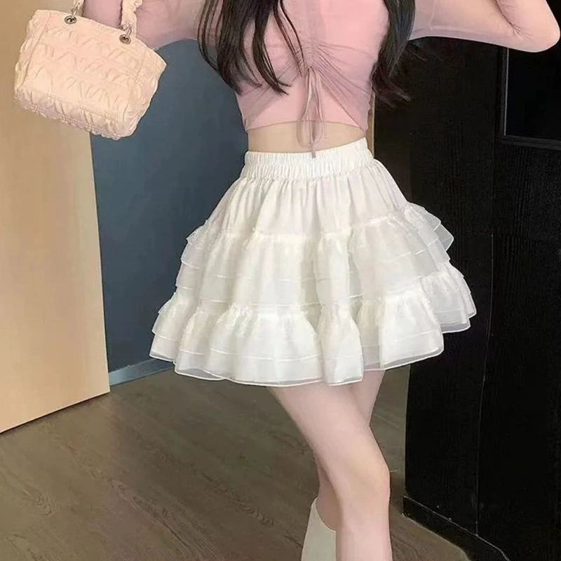2025 Новая кружевная юбка-тортик, женская короткая юбка в балетном стиле с высокой талией, белая сетчатая пышная юбка в студенческом стиле, милая