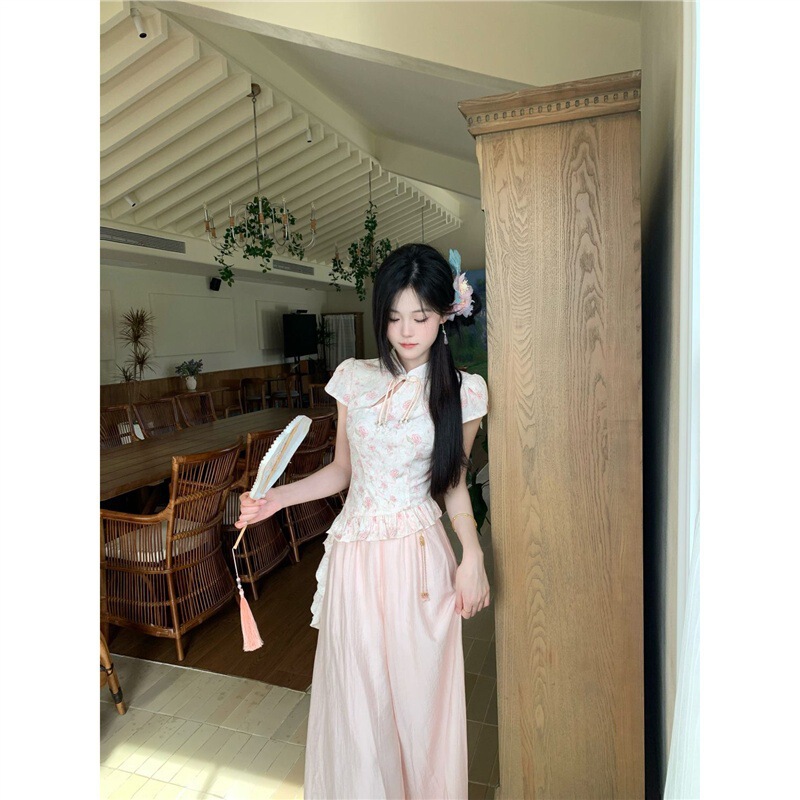 National Style Floral Irregular Waist-Cinching Top + Cool Wide-Leg Linen Pants for Summer, Shipped Within 24 Hours National Style Floral Irregular Waist-Cinching Top + Cool Wide-Leg Linen Pants for Summer, Shipped Within 24 Hours