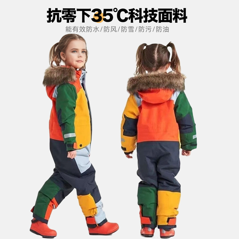2025 foreign new children's ski clothing suit children's conjoined thickened warm windproof waterproof cotton-padded jacket winter outdoor