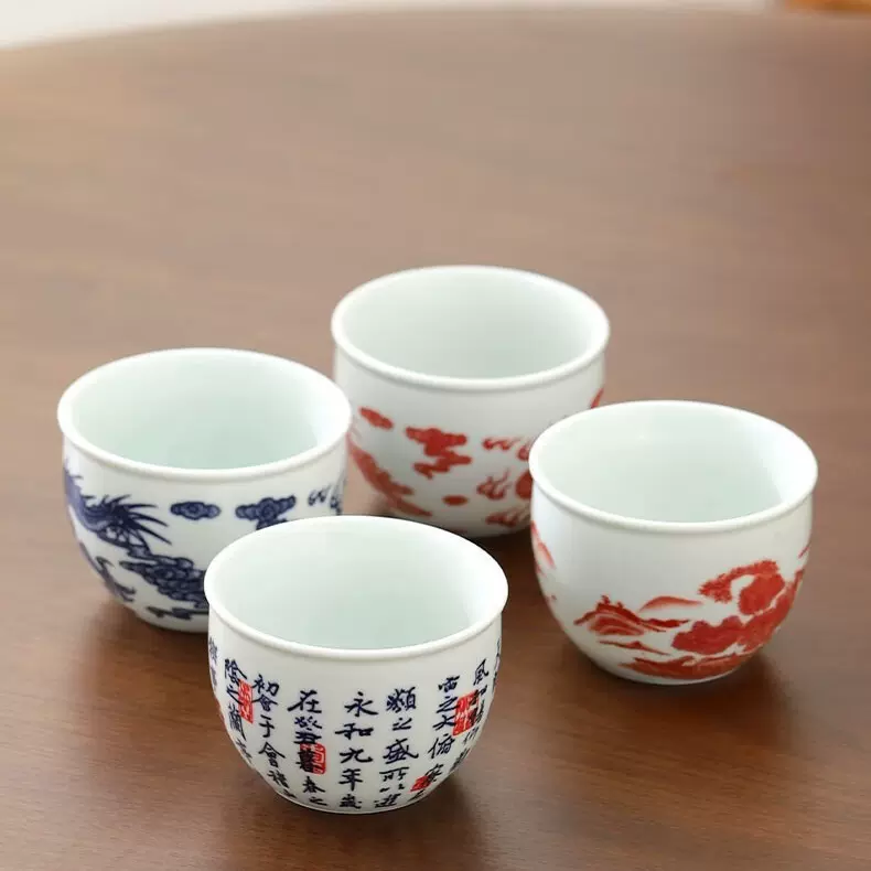 仿古青花茶杯主人杯兰亭序茶杯中式祥龙杯手绘品茗杯茶盏功夫茶具