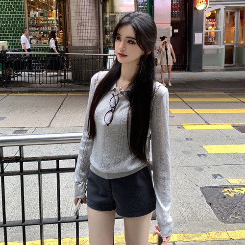 Korean-style minimalist bow embroidery POLO collar long-sleeved knit top for women, early autumn casual versatile flattering blouse