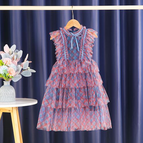 New children's skirt, girl's trendy fairy dress, grid camouflage cake net dress, princess-style dress for children