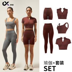 国境を越えた欧米ヨガ服美背ブラジャージッパー高襟ベスト長袖半袖フィットネスパンツ六点セット女性