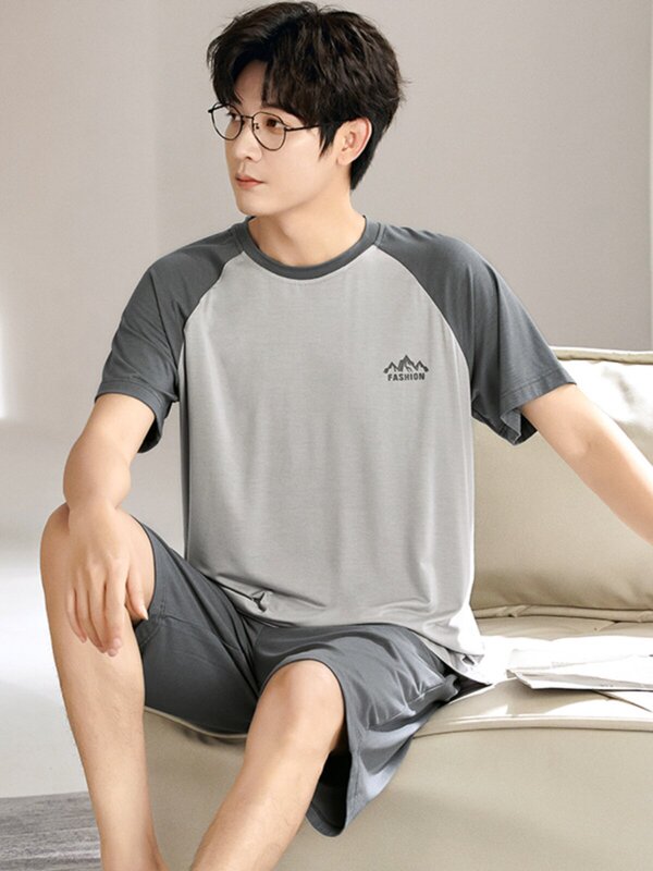 Men's Modal Thin Round-Neck Drop-Shoulder Sleeve Shorts Set, Simple Loungewear for All Seasons, 2026 Spring New Style