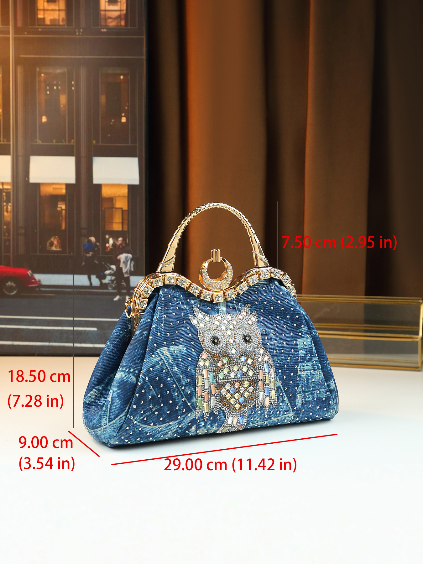 Borsa a tracolla elegante da donna in jeans con strass gufo_voghion.com