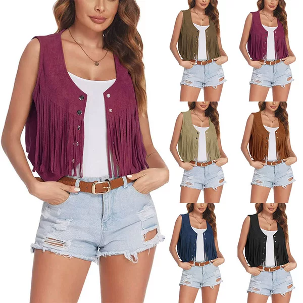 2025 Spring and Summer New Short Tassel Vest Retro Age-Reducing Casual and Comfortable European and American Popular Button Design