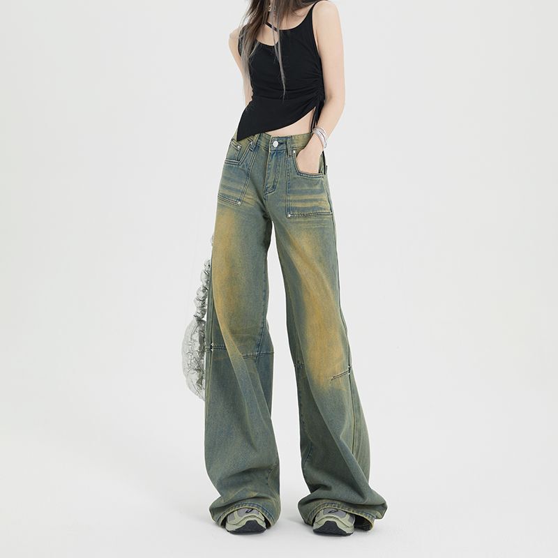 American Style Green Mans Water Pattern Style 2025 Spring New Casual Street Style Wide Leg Jeans Women's Trendy Brand Lop Pants