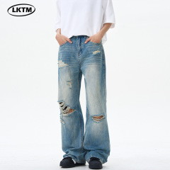 LKTMメンズ # アメリカンハイストリートワイド脚ゆるいストレート穴なしジーンズ男女カジュアル通気性のあるズボン