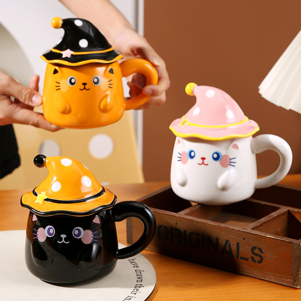 High-value caricatura casera taza de agua sombrero creativo lindo gato taza con tapa taza fantasma de cerámica para chicas