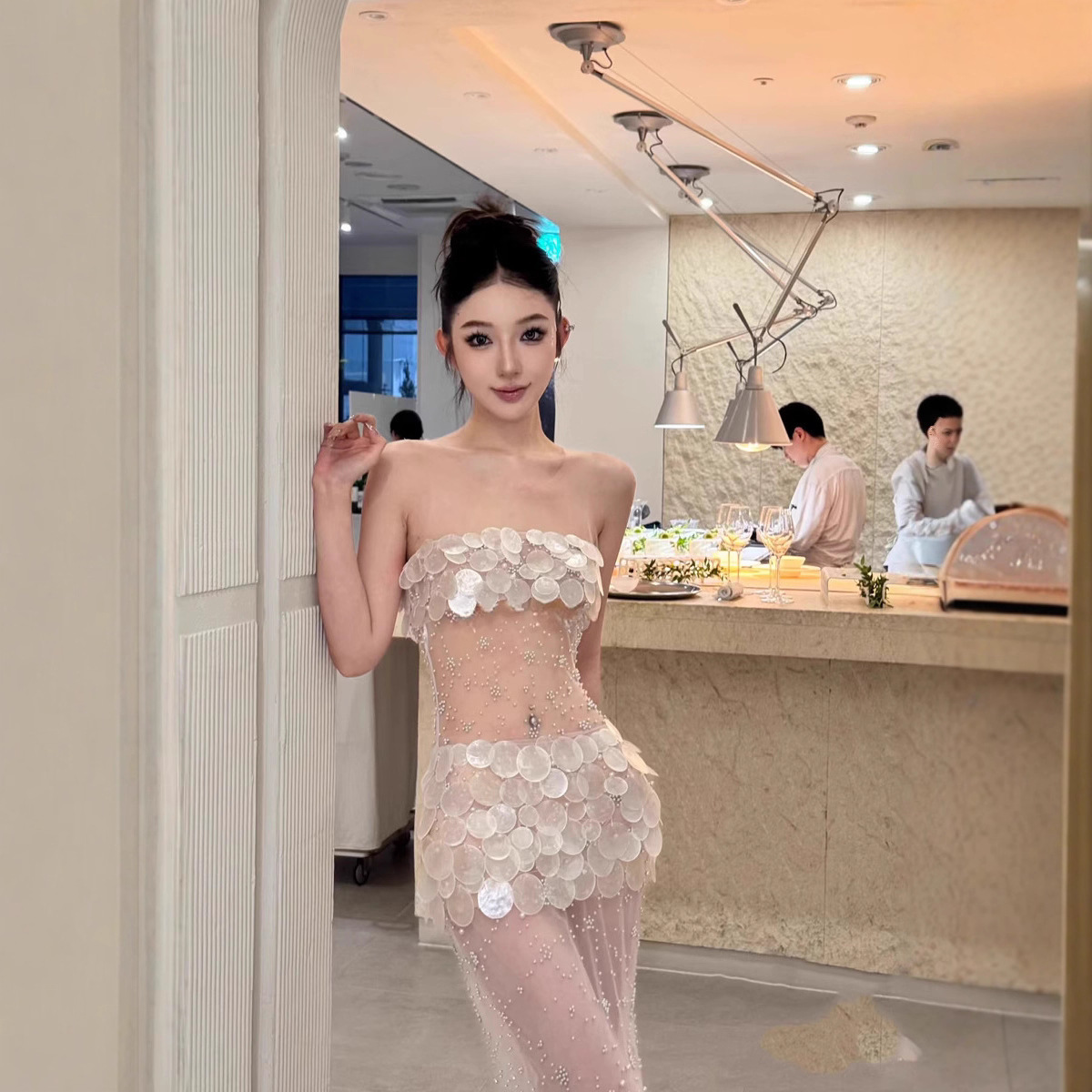 High-End Shell Tube Top Dress, French Light Luxury Waist-Cinching Dress, Beautiful Socialite Dress, Socialite Banquet Dress