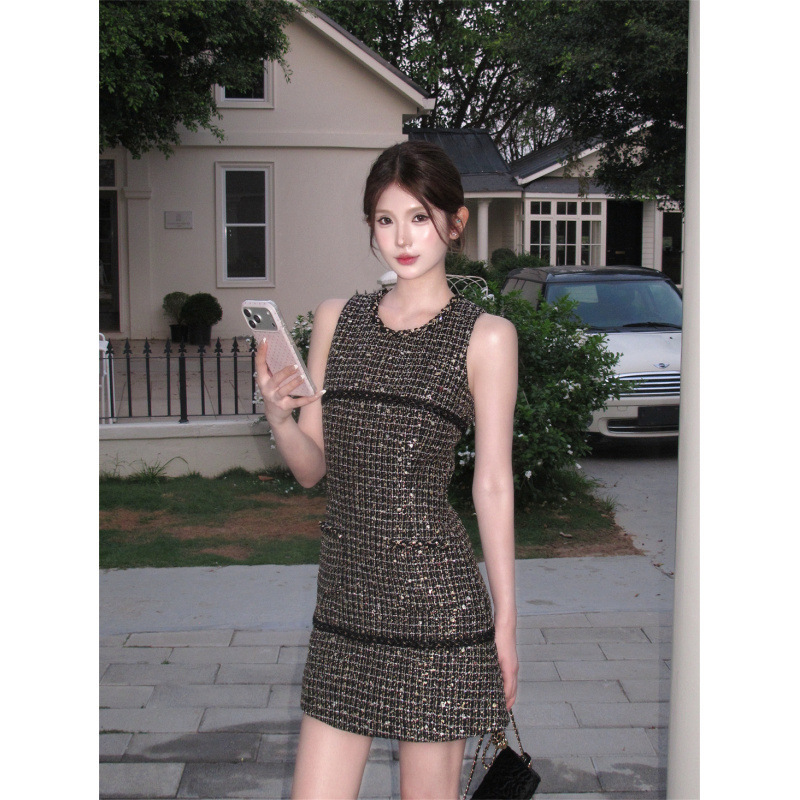 2026 Summer New Style Black and Silver Sequined Tweed High-End Elegant Sleeveless Waist-Cinching Simple Dress Short Skirt